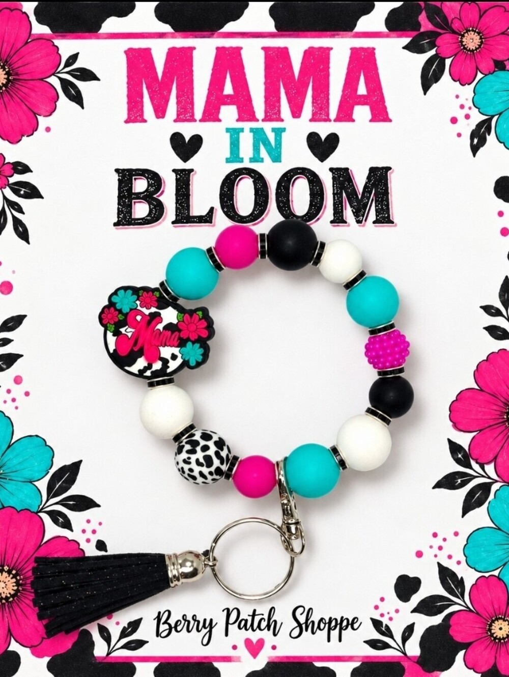 MAMA Cow Print Floral Keychain Bracelet Handmade New